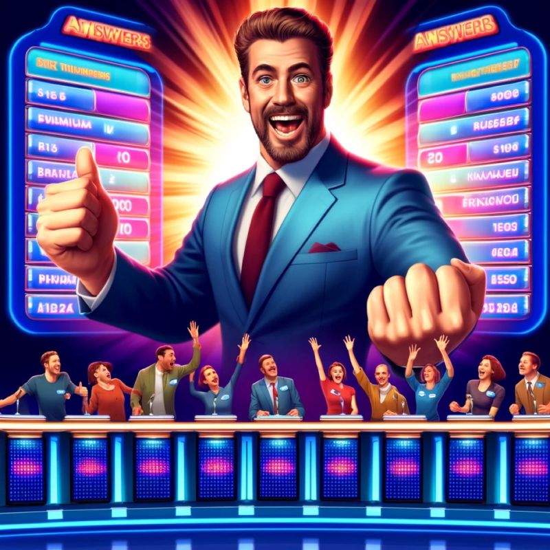 Illustration of an enthusiastic game show host in a blue suit pointing at a glowing answer board while contestants cheer behind their podiums