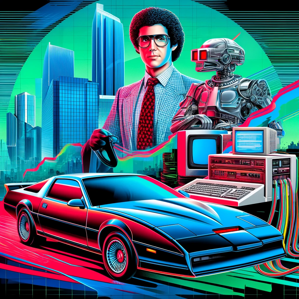 Retro-style illustration of a man in a plaid blazer and red tie with a robot, vintage computers, and a sleek black sports car in front of glass skyscrapers
